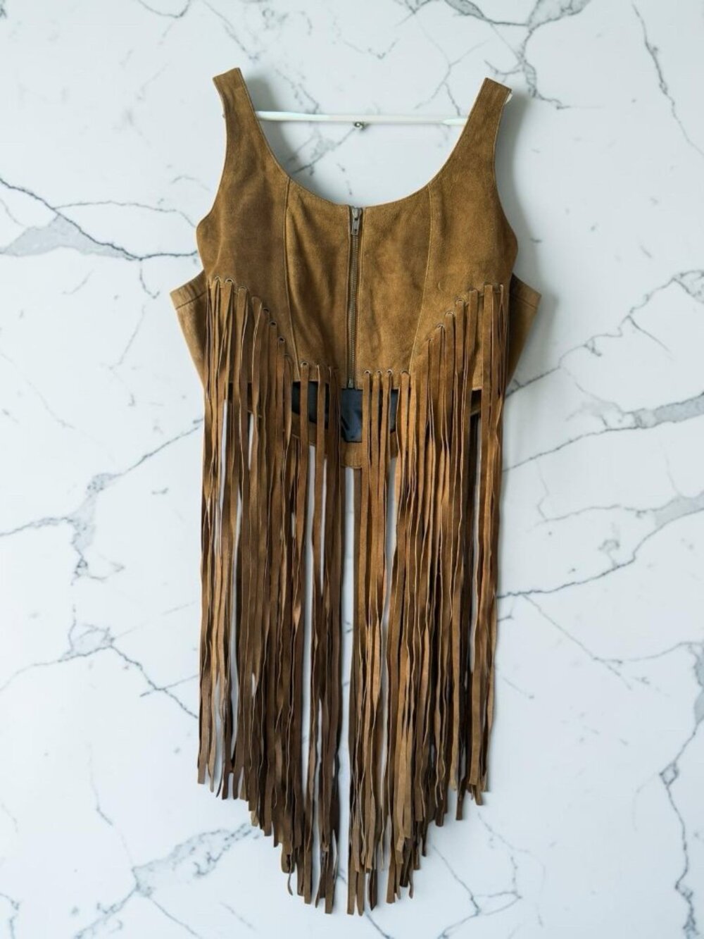 Free People Leather Fringe Tank Top Brown Goat Suede Western Boho Size M NWT - Picture 5 of 13